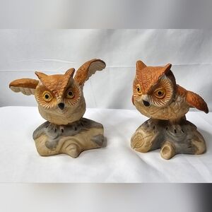 Vintage Set Of Owls On Log Ceramic Figurines